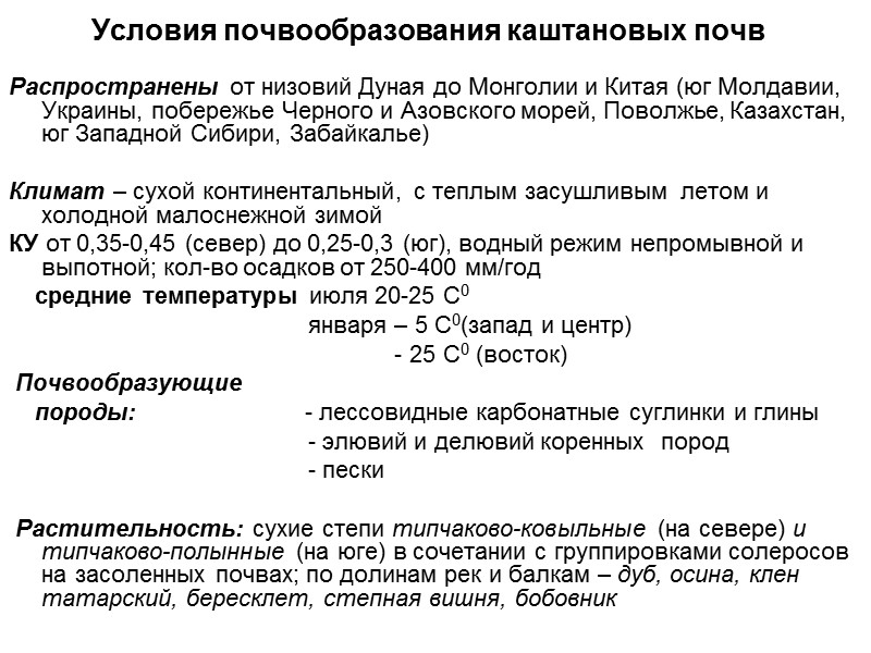 Условия почвообразования каштановых почв Распространены от низовий Дуная до Монголии и Китая (юг Молдавии,